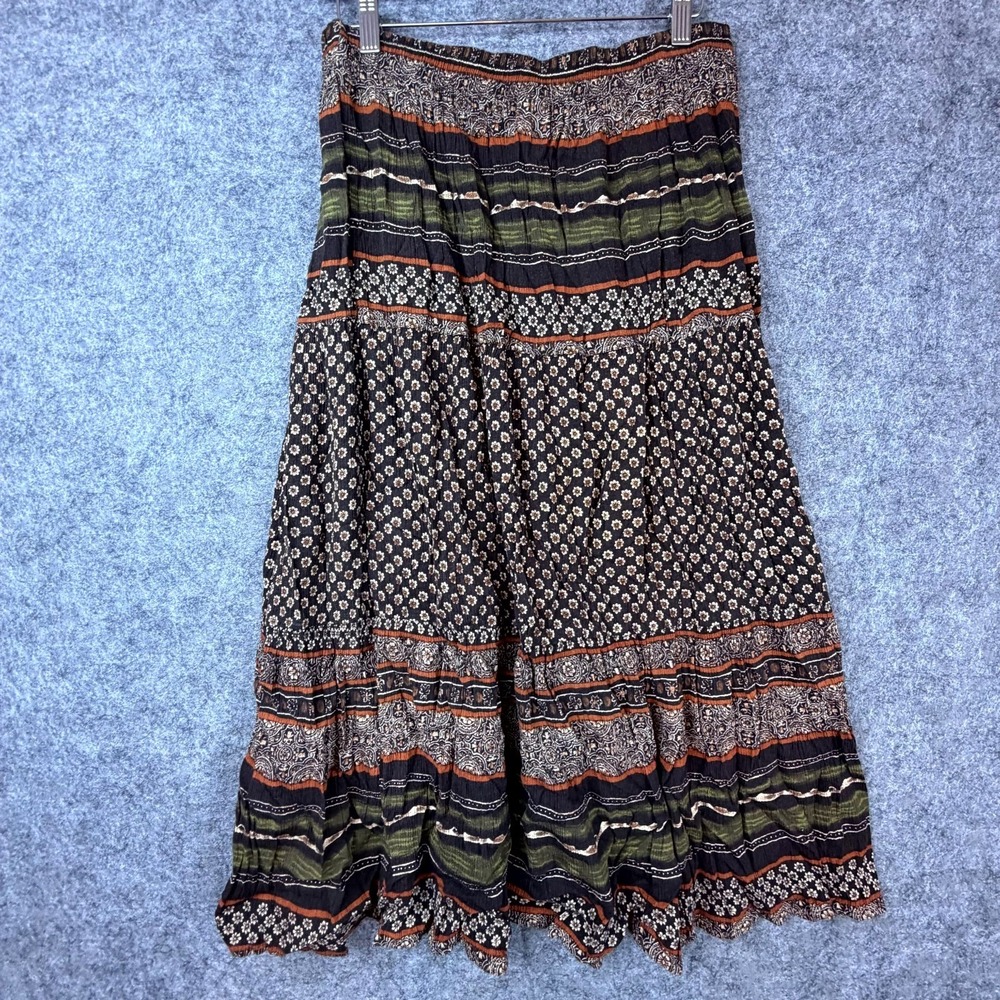 Vintage 1601 Skirt Womens Large Brown Boho Floral Earthy 90s Rayon Tiered Summer - Picture 2 of 6